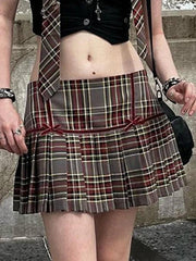 Hnewly - Vintage Plaid Print Bow Decor Pleated Low Rise Mini Skirt ddbos-shop