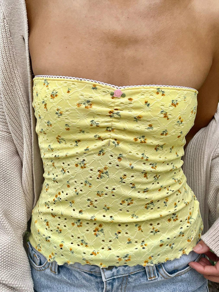 Hnewly - summer inspo Yellow Floral Print Sleeveless Strapless Slim Cute Y2K Tube Top Women Lace Trim Shirring 2000sSummer Holiday Clothing