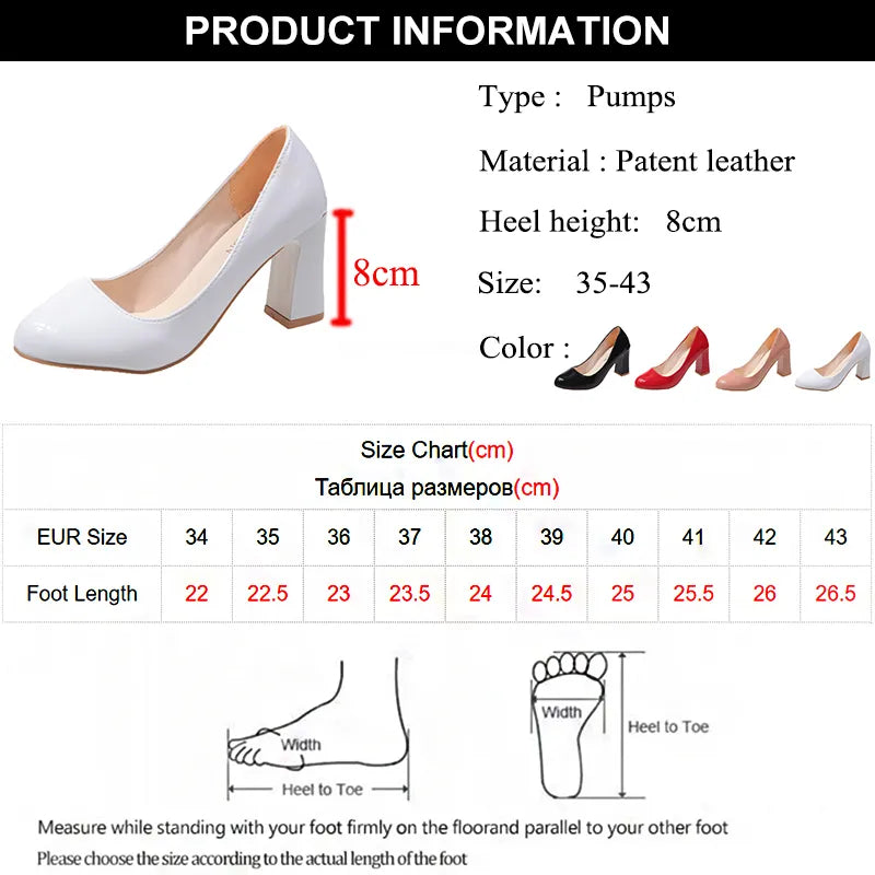 Hnewly New Women's Square Heels Office Shoes Patent Leather High Heel Pumps Women Round Toe Slip-On Autumn Shoes for Female