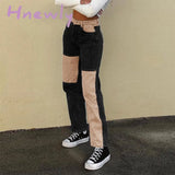 Fashion Patchwork Skinny Straight Jeans Women High Waist Pocket Sexy Color Block Street Long Grey