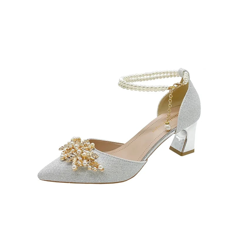 Hnewly Ladies Shoes on Sale New Fashion Pointed Metal Beaded Solid Women's High Heels Summer Leisure Banquet Women Wedding Pump