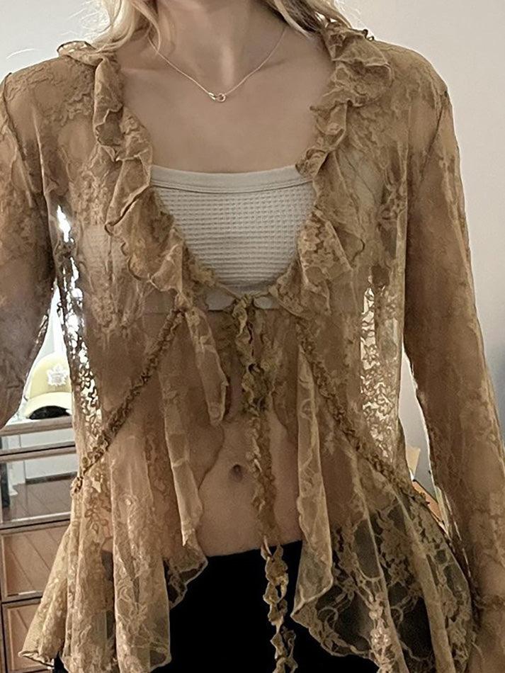 Hnewly Lace Front Tie Bell Long-Sleeve Blouse