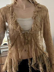 Hnewly Lace Front Tie Bell Long-Sleeve Blouse