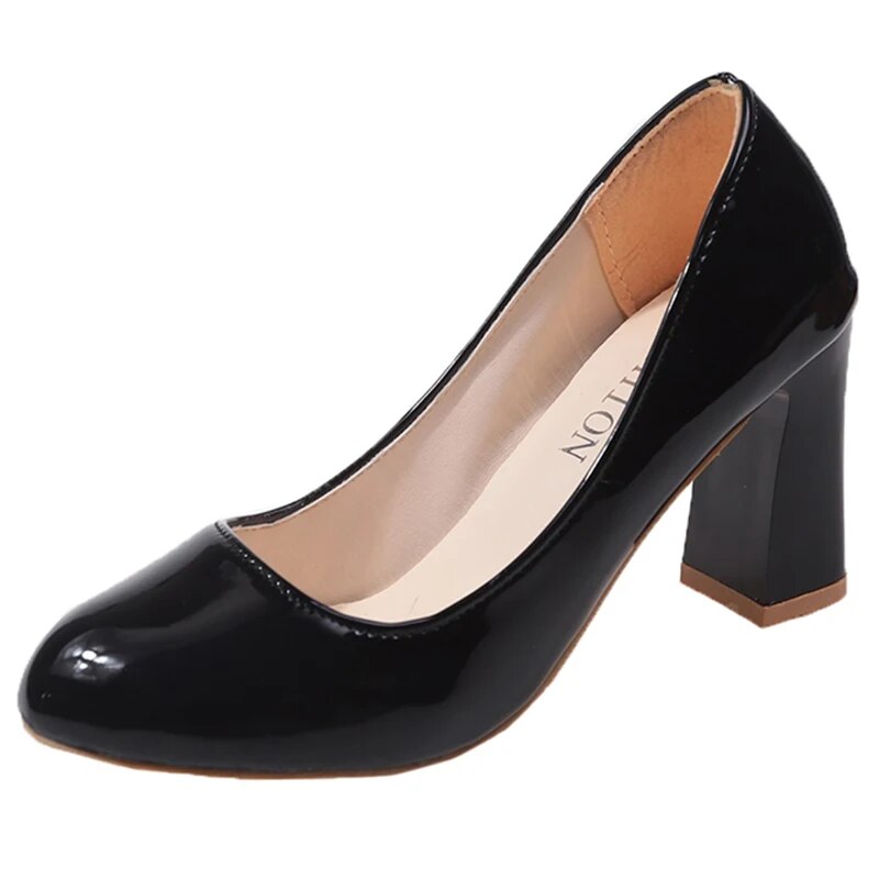 Hnewly New Women's Square Heels Office Shoes Patent Leather High Heel Pumps Women Round Toe Slip-On Autumn Shoes for Female