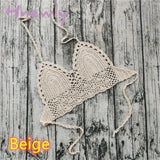 Handmade Crochet Lace Knit Bra Boho Beach Bikini Cami Tank Crop Top Halter Beige / Xs