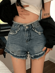 Hnewly - High Waist Frayed Denim Shorts Hnewly