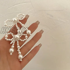 Hnewly 1 Pair Women’s Earrings Fashion Trend Imitation Pearl Bow Knot Elegant Temperament Cute