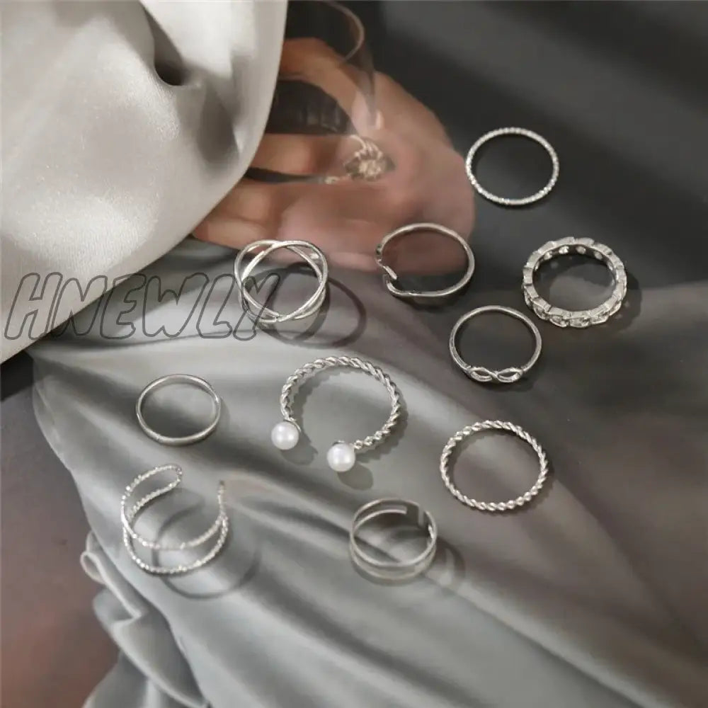 Hnewly 10Pcs Punk Gold Color Chain Rings Set For Women Girls Fashion Irregular Finger Thin Gift