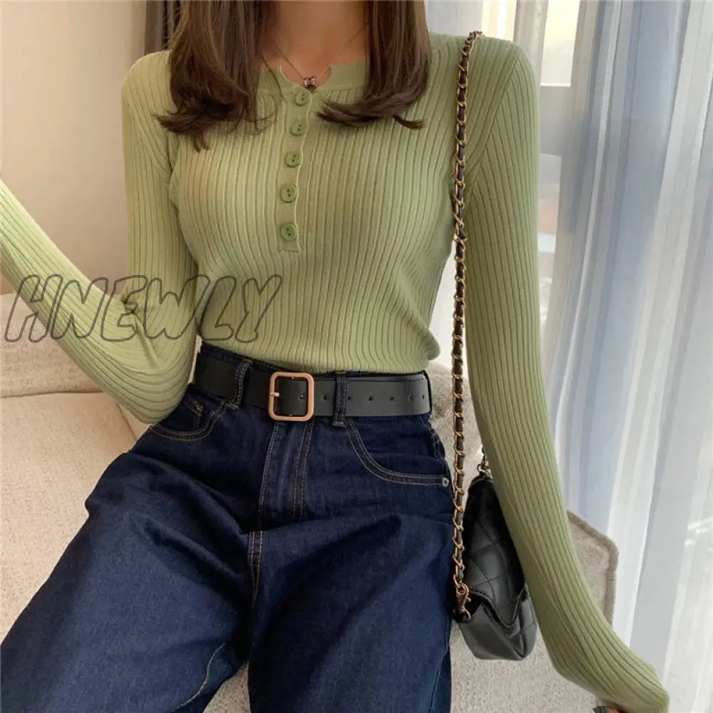 Hnewly 13 Colors Women Button Knitted Pullover Sweaters Autumn Spring Long Sleeve Knitwear Tops