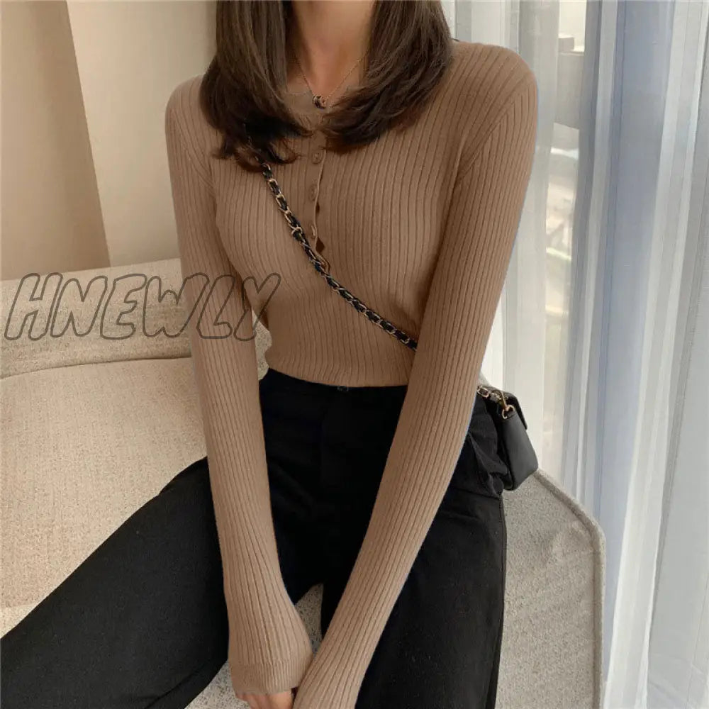 Hnewly 13 Colors Women Button Knitted Pullover Sweaters Autumn Spring Long Sleeve Knitwear Tops