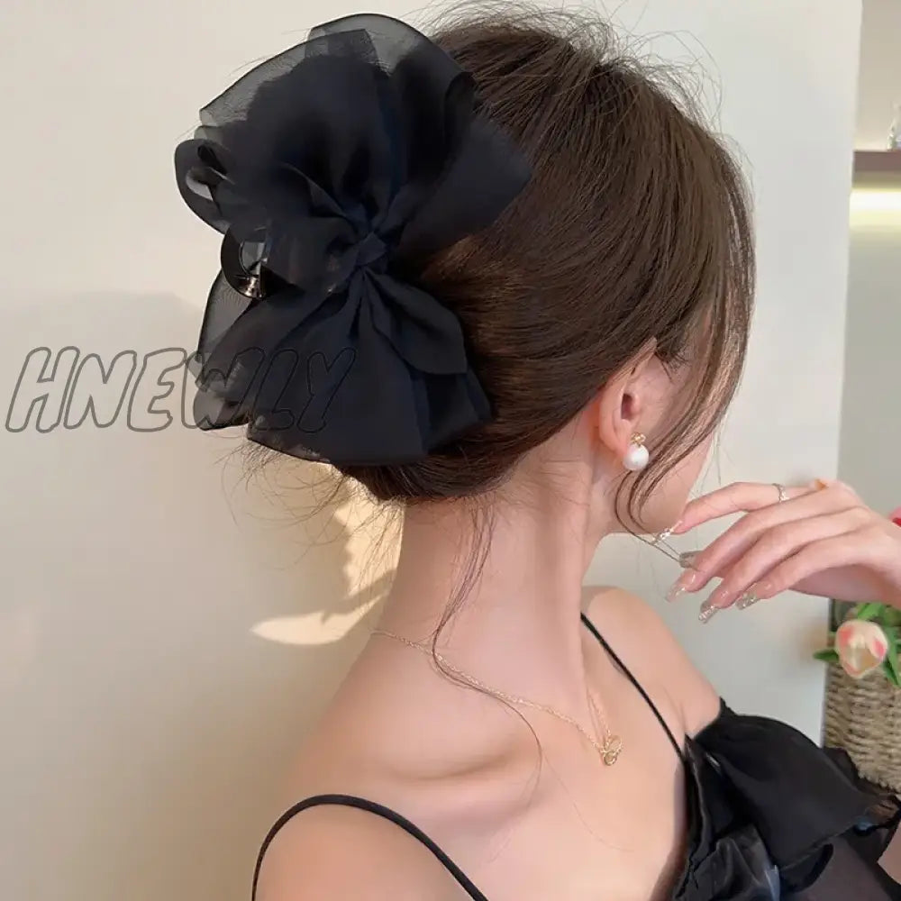 Hnewly 13Cm Woman Large Two-Sided Gauze Bowknot Hair Claws Lady Solid Color Hairpins Barrettes