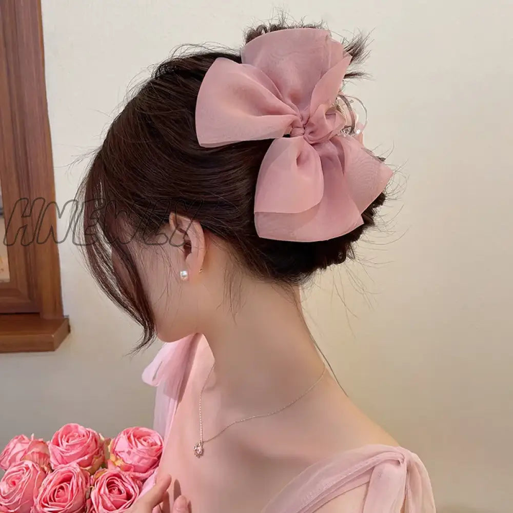 Hnewly 13Cm Woman Large Two-Sided Gauze Bowknot Hair Claws Lady Solid Color Hairpins Barrettes