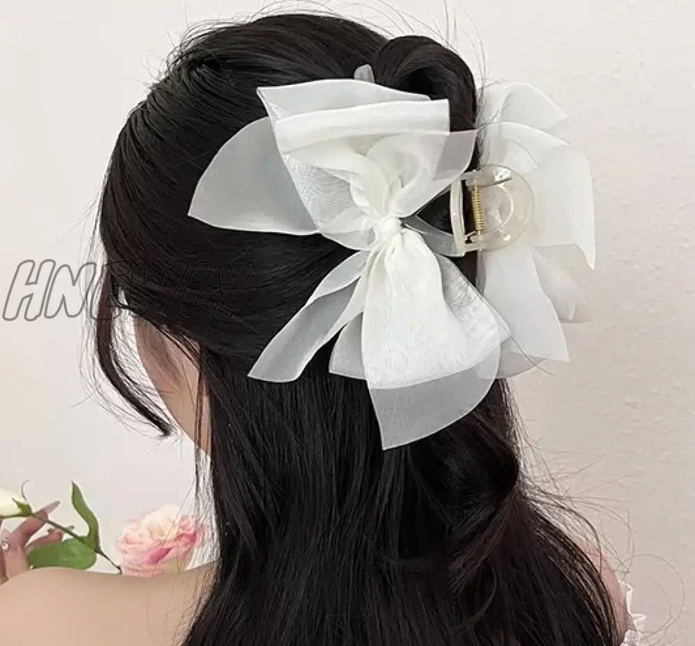 Hnewly 13Cm Woman Large Two-Sided Gauze Bowknot Hair Claws Lady Solid Color Hairpins Barrettes