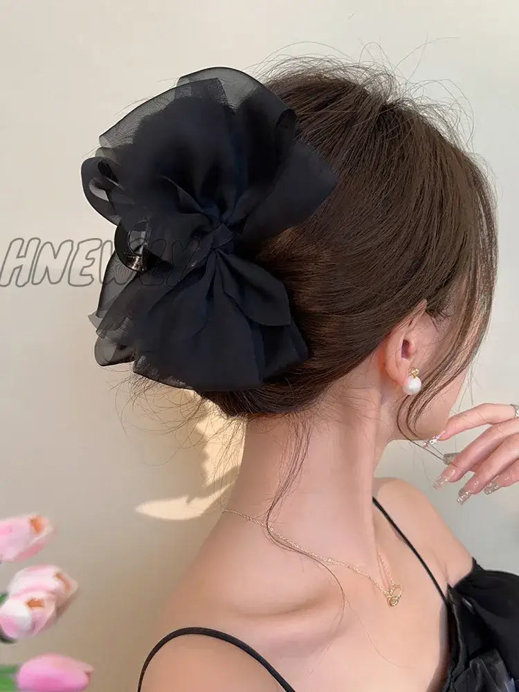 Hnewly 13Cm Woman Large Two-Sided Gauze Bowknot Hair Claws Lady Solid Color Hairpins Barrettes