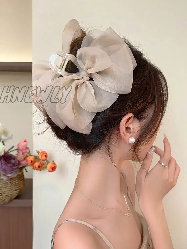 Hnewly 13Cm Woman Large Two-Sided Gauze Bowknot Hair Claws Lady Solid Color Hairpins Barrettes