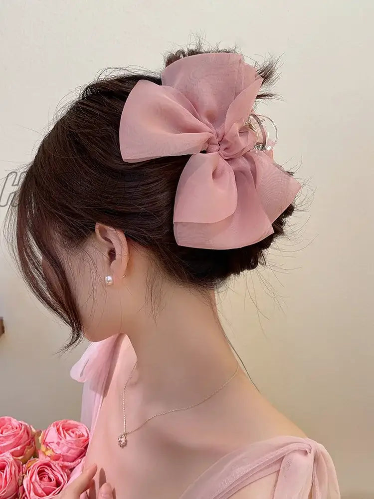 Hnewly 13Cm Woman Large Two-Sided Gauze Bowknot Hair Claws Lady Solid Color Hairpins Barrettes