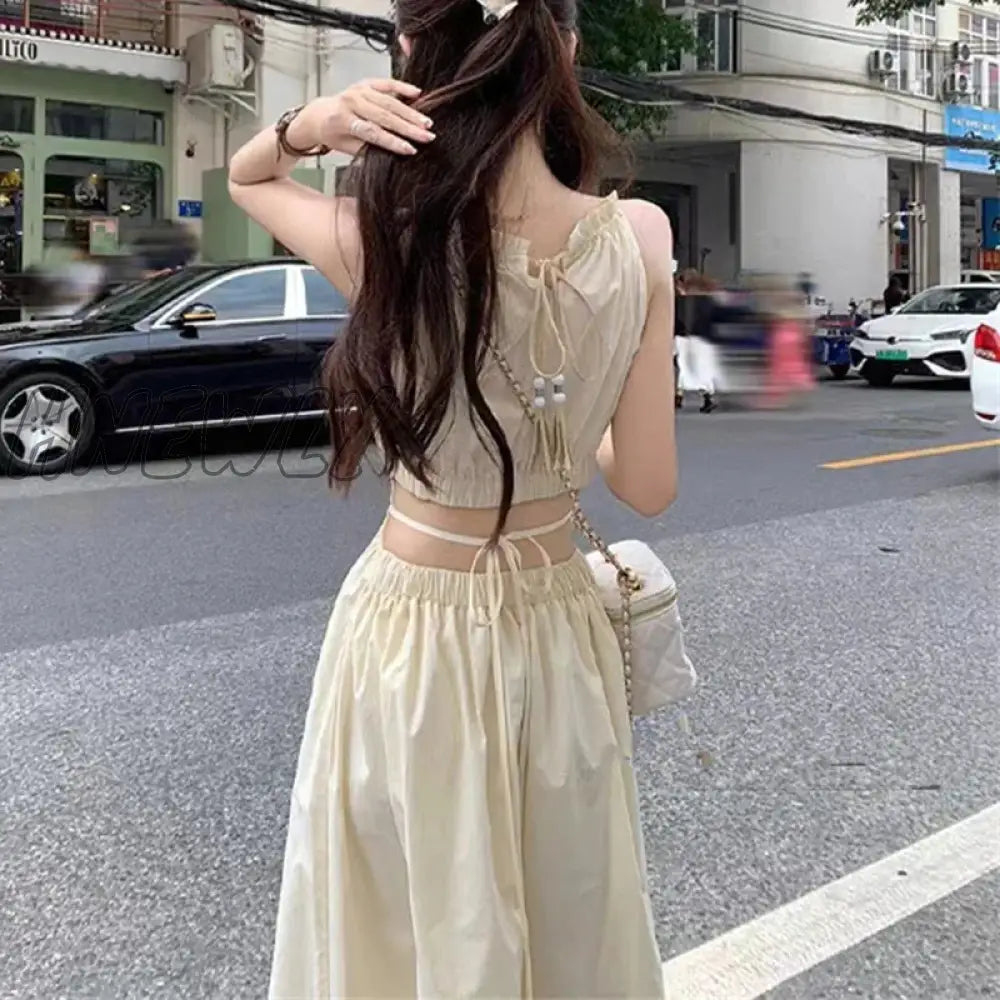 Hnewly 1Pc Summer Halter Cut-Out Sleeveless Tassel Hem Holiday Beach Women Long Dre