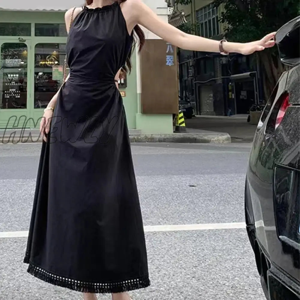 Hnewly 1Pc Summer Halter Cut-Out Sleeveless Tassel Hem Holiday Beach Women Long Dre