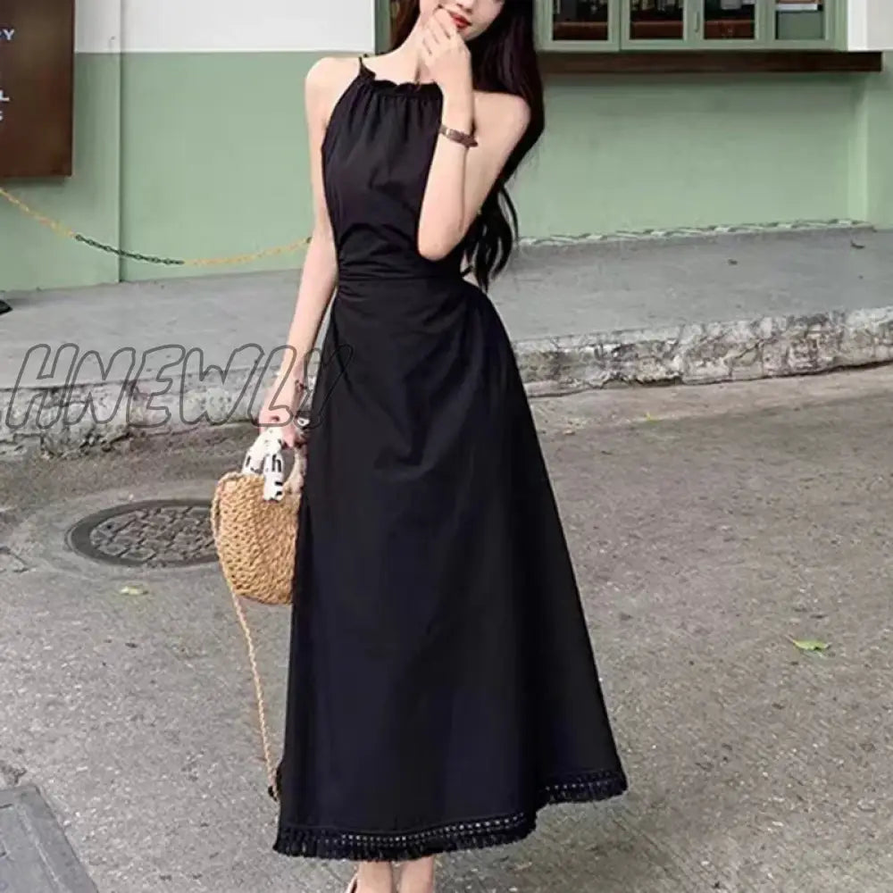 Hnewly 1Pc Summer Halter Cut-Out Sleeveless Tassel Hem Holiday Beach Women Long Dre Black / M