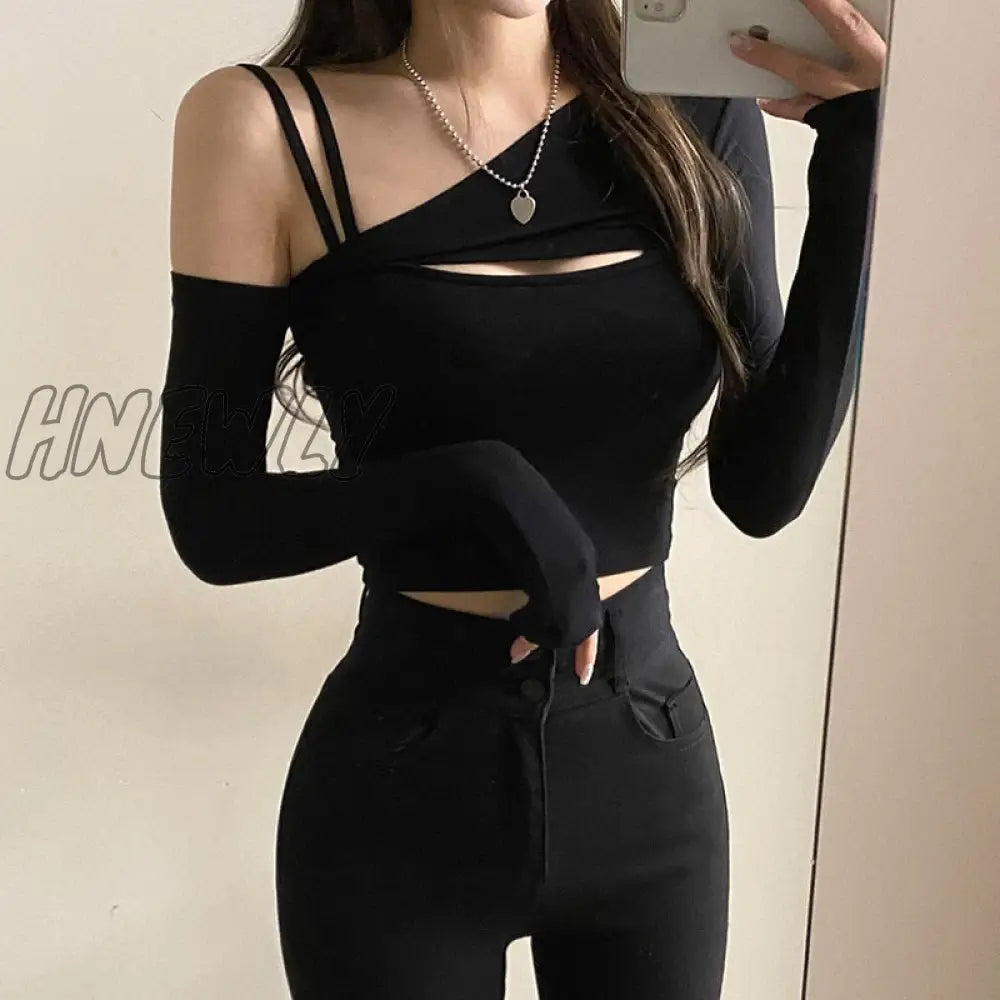 Hnewly 2 Piece T-Shirt And Cami Crop Top Women Y2K Harajuku Long Sleeve Skew Collar Casual Basic