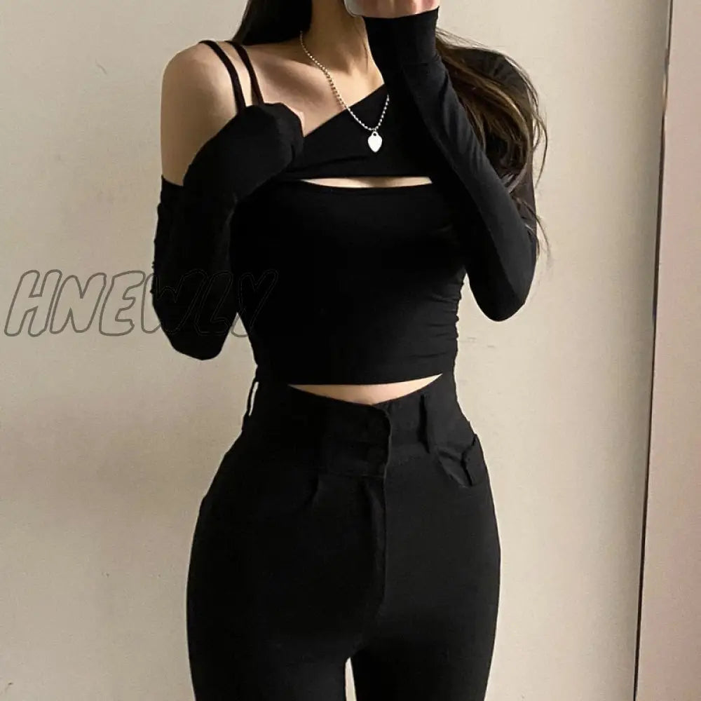 Hnewly 2 Piece T-Shirt And Cami Crop Top Women Y2K Harajuku Long Sleeve Skew Collar Casual Basic