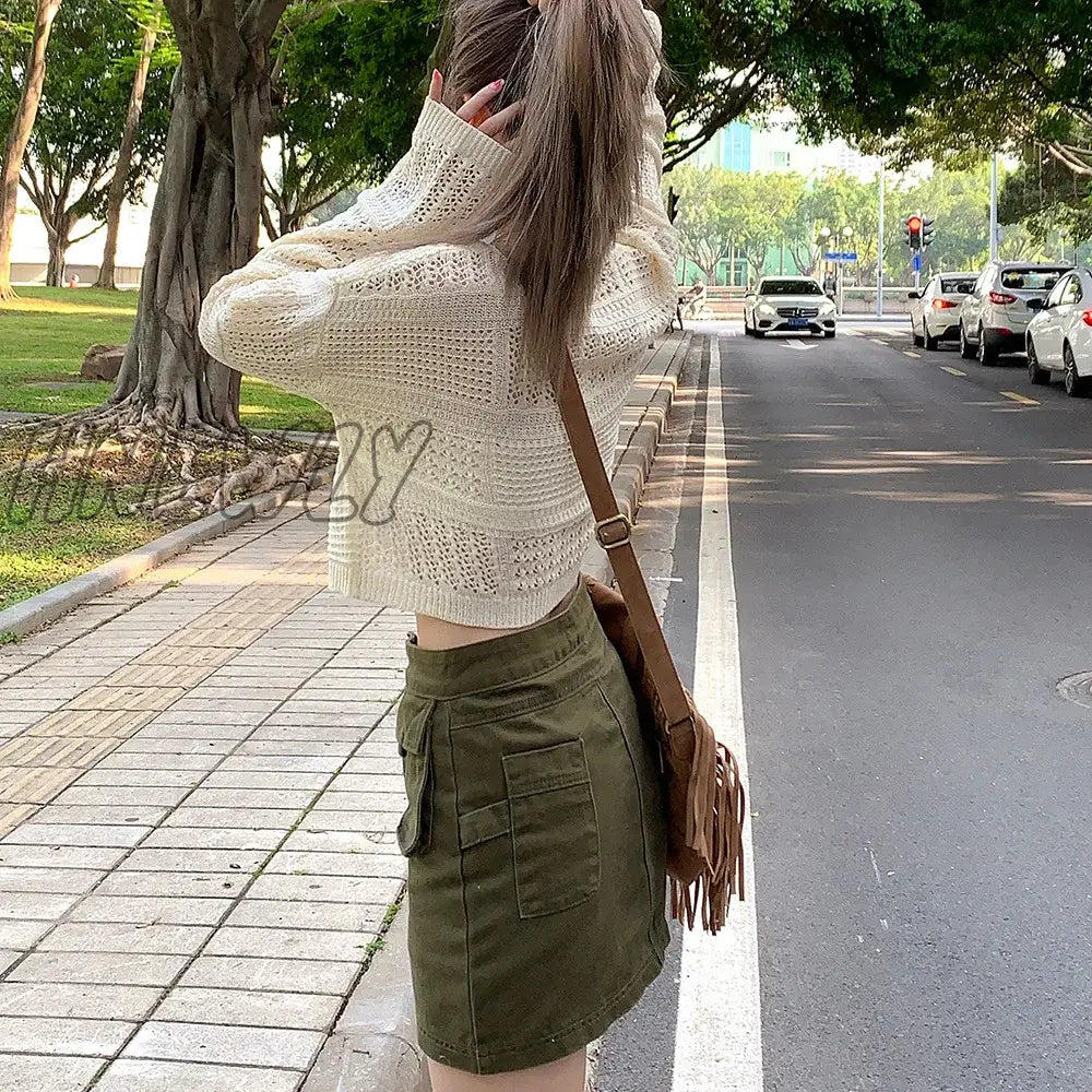 Hnewly 2000S Clothes Y2K Low Waisted Mini Skirts Army Green Denim Pockets A Line Skirt Cute Women