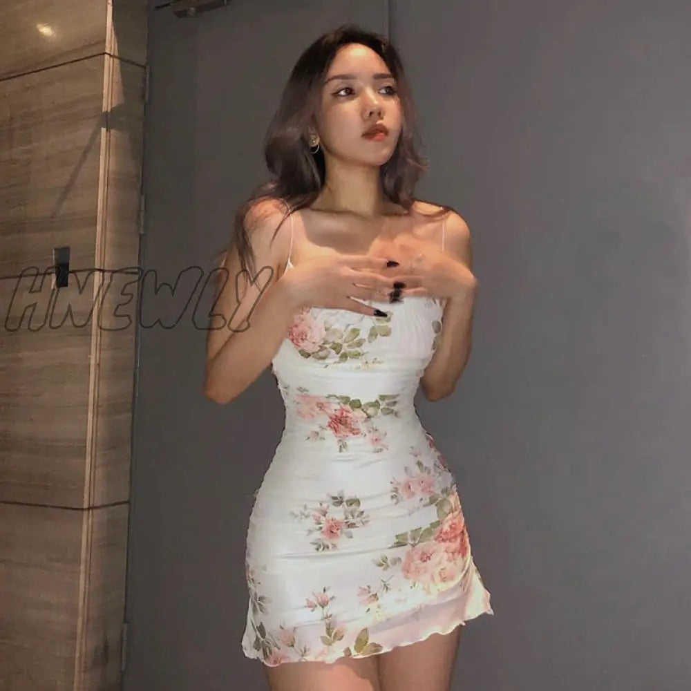 Hnewly 2000S Women Floral Mini Dress Y2K Aesthetic Sleeveless Ruffles Hem Kawaii Sundress Sexy