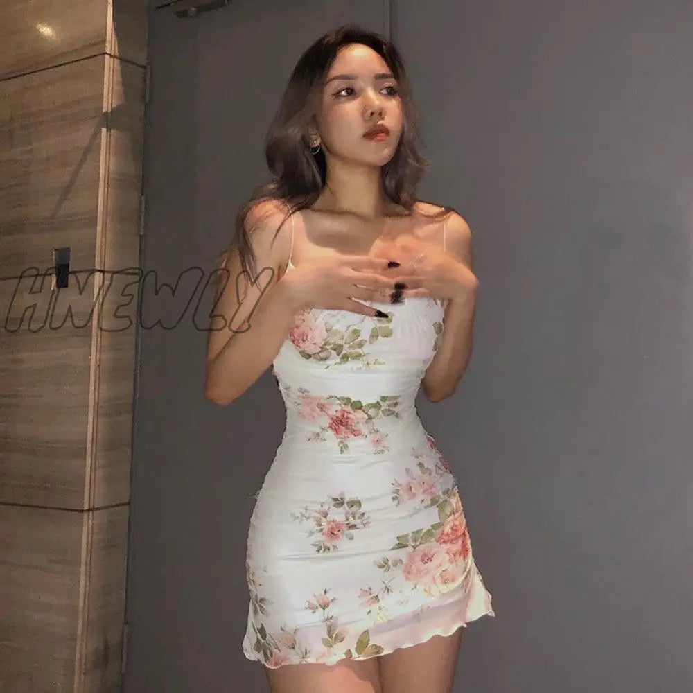 Hnewly 2000S Women Floral Mini Dress Y2K Aesthetic Sleeveless Ruffles Hem Kawaii Sundress Sexy