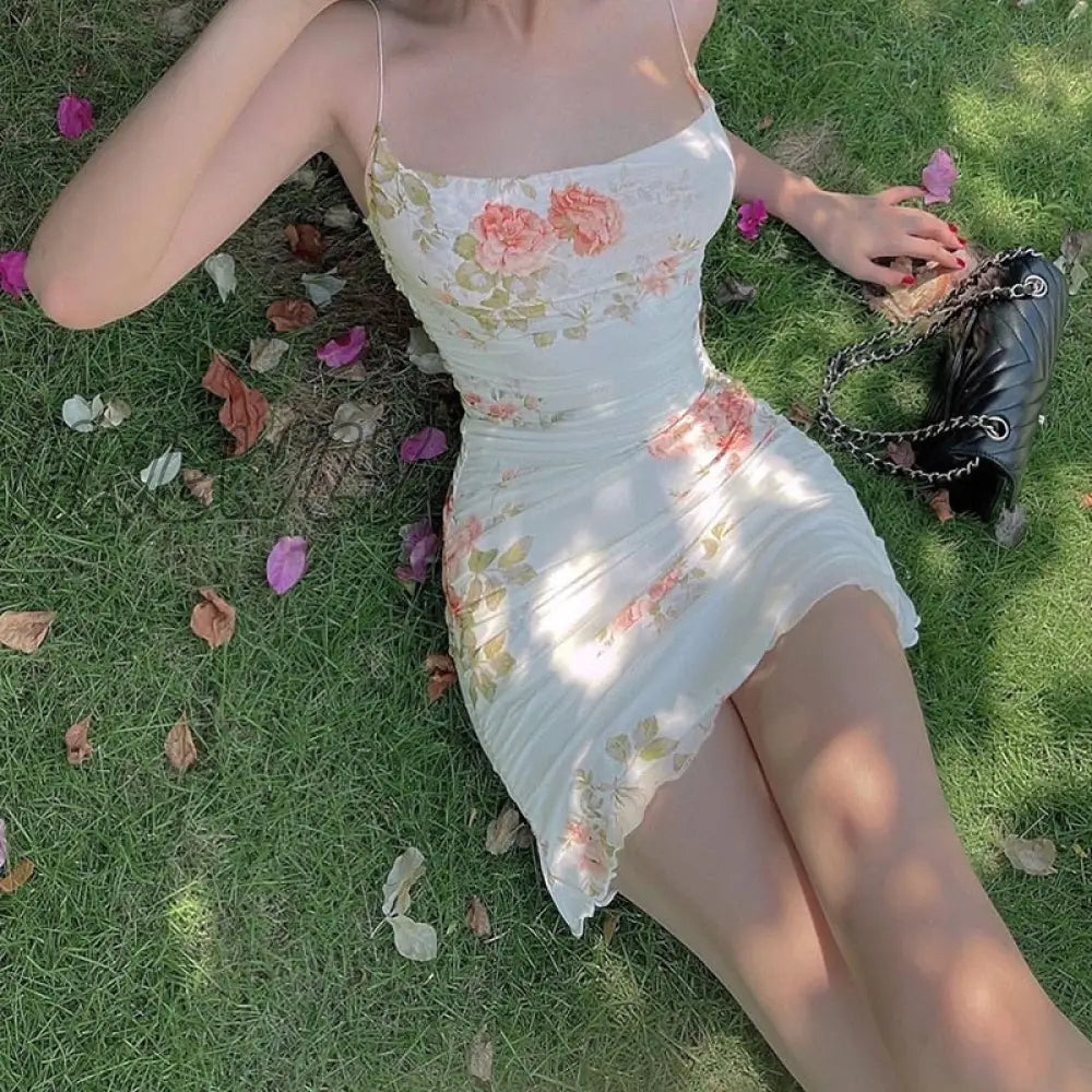 Hnewly 2000S Women Floral Mini Dress Y2K Aesthetic Sleeveless Ruffles Hem Kawaii Sundress Sexy
