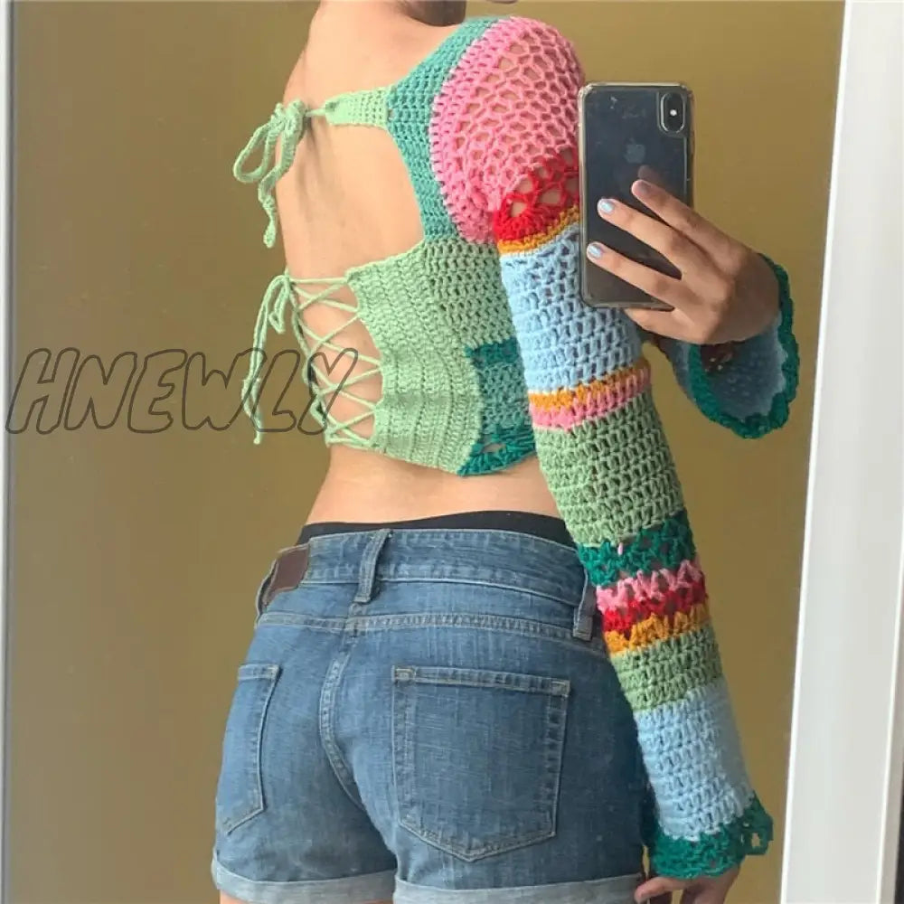 Hnewly 2000S Women Knitted Crop Tops Y2K Aesthetic Patchwork Long Flared Sleeve Crochet Knitwear