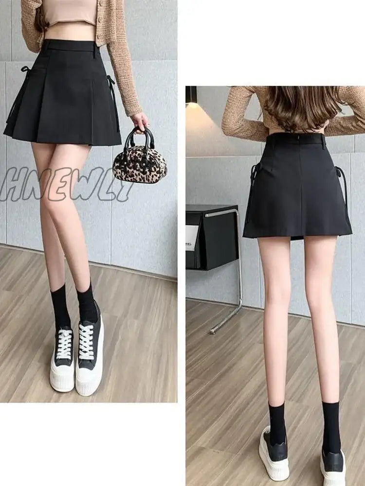 Hnewly 2024 Lace Up Pleated Skirt For Women Summer Korean Fashion Vintage Loose High Waisted Chic