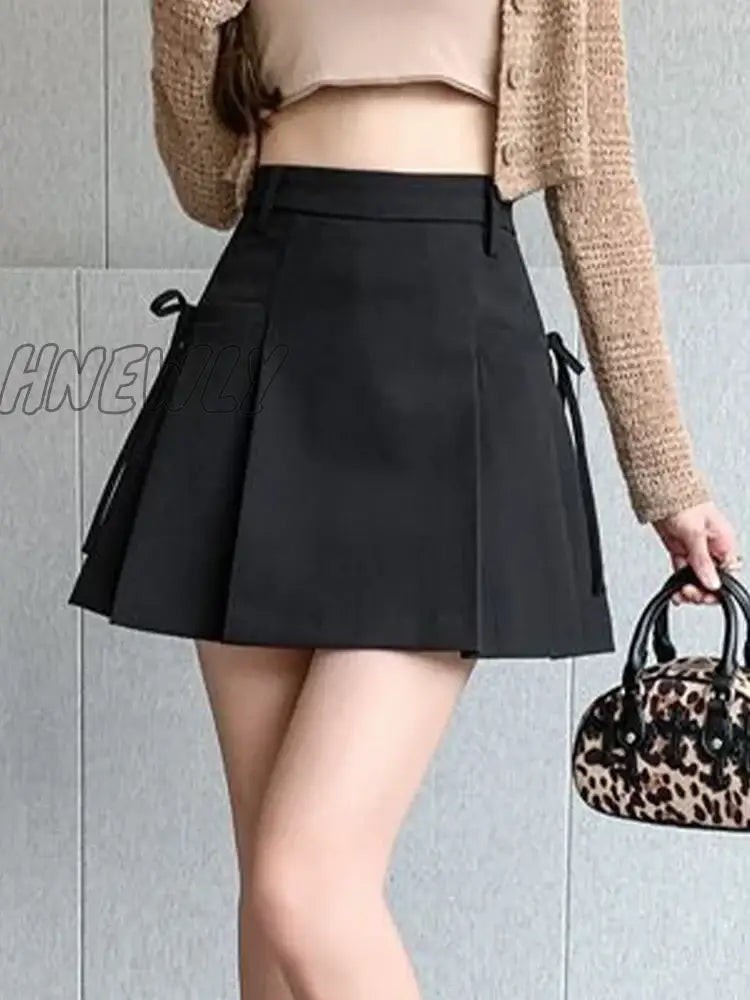 Hnewly 2024 Lace Up Pleated Skirt For Women Summer Korean Fashion Vintage Loose High Waisted Chic