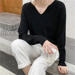 2024 New Autumn Women Sweater V-Neck Long Sleeve Knitted Sweaters Solid Korean Basic Casual Jumper