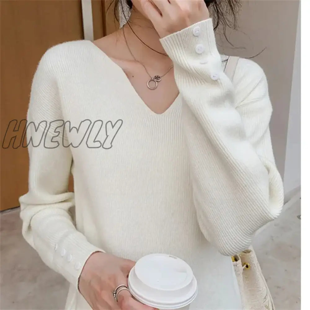 2024 New Autumn Women Sweater V-Neck Long Sleeve Knitted Sweaters Solid Korean Basic Casual Jumper