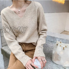 2024 New Autumn Women Sweater V-Neck Long Sleeve Knitted Sweaters Solid Korean Basic Casual Jumper