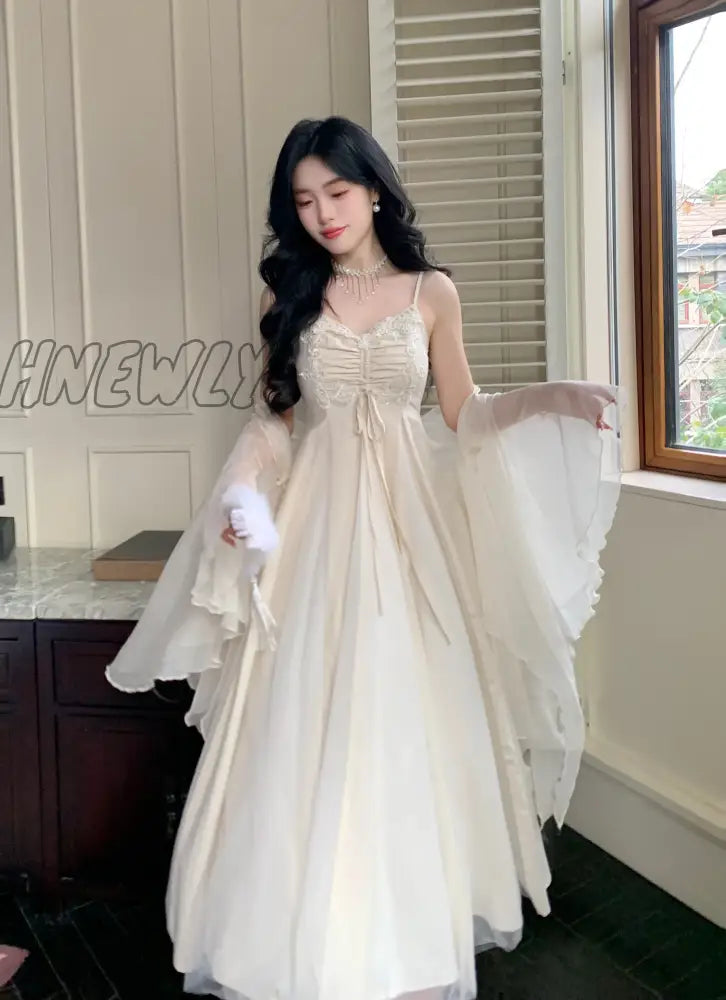 Hnewly 2024 New Spaghetti Straps White Chiffon Long Women’s Summer Holiday French Elegant