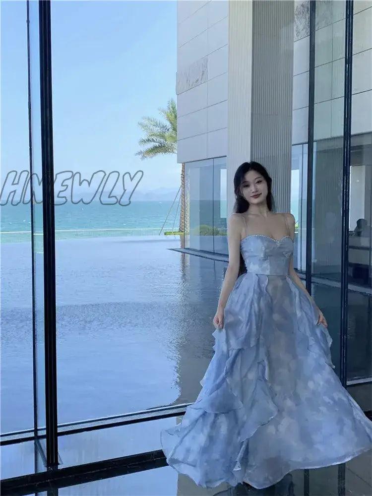 Fashion 2024 Summer Blue Fairy Midi Holiday Dress Ruffles Sexy Strap Slip Sleeveless Vacation Beach