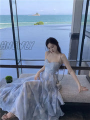 Fashion 2024 Summer Blue Fairy Midi Holiday Dress Ruffles Sexy Strap Slip Sleeveless Vacation Beach