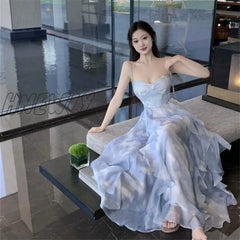 Fashion 2024 Summer Blue Fairy Midi Holiday Dress Ruffles Sexy Strap Slip Sleeveless Vacation Beach