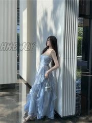 Fashion 2024 Summer Blue Fairy Midi Holiday Dress Ruffles Sexy Strap Slip Sleeveless Vacation Beach