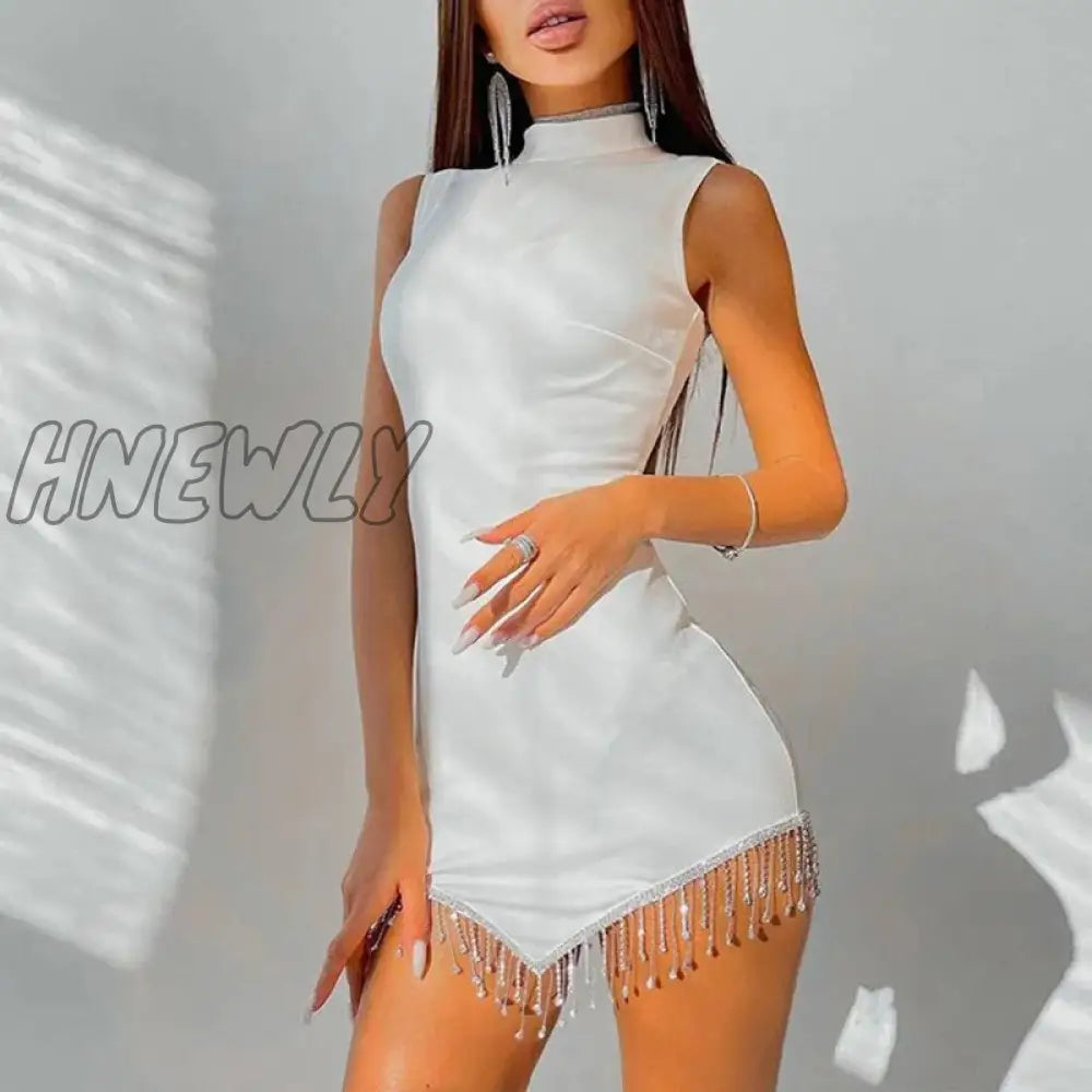 Hnewly 2024 Women Fashion Lady Sexy Elegant Dress Rhinestone Tassel Sheath Solid Sleeveless Bodycon