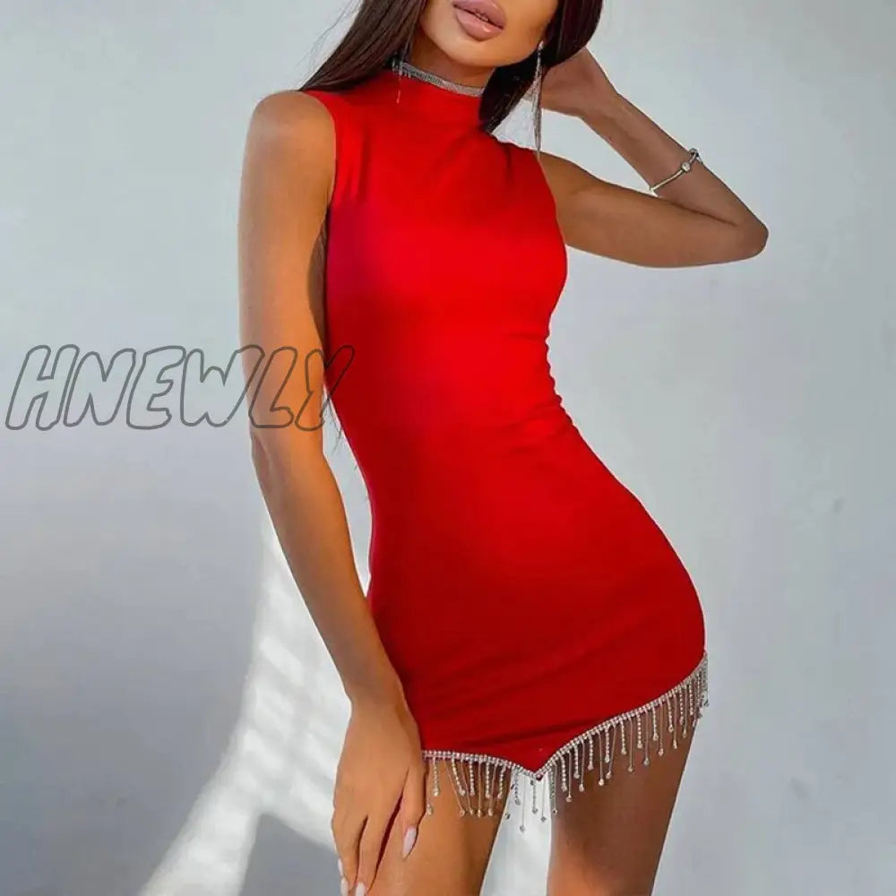 Hnewly 2024 Women Fashion Lady Sexy Elegant Dress Rhinestone Tassel Sheath Solid Sleeveless Bodycon
