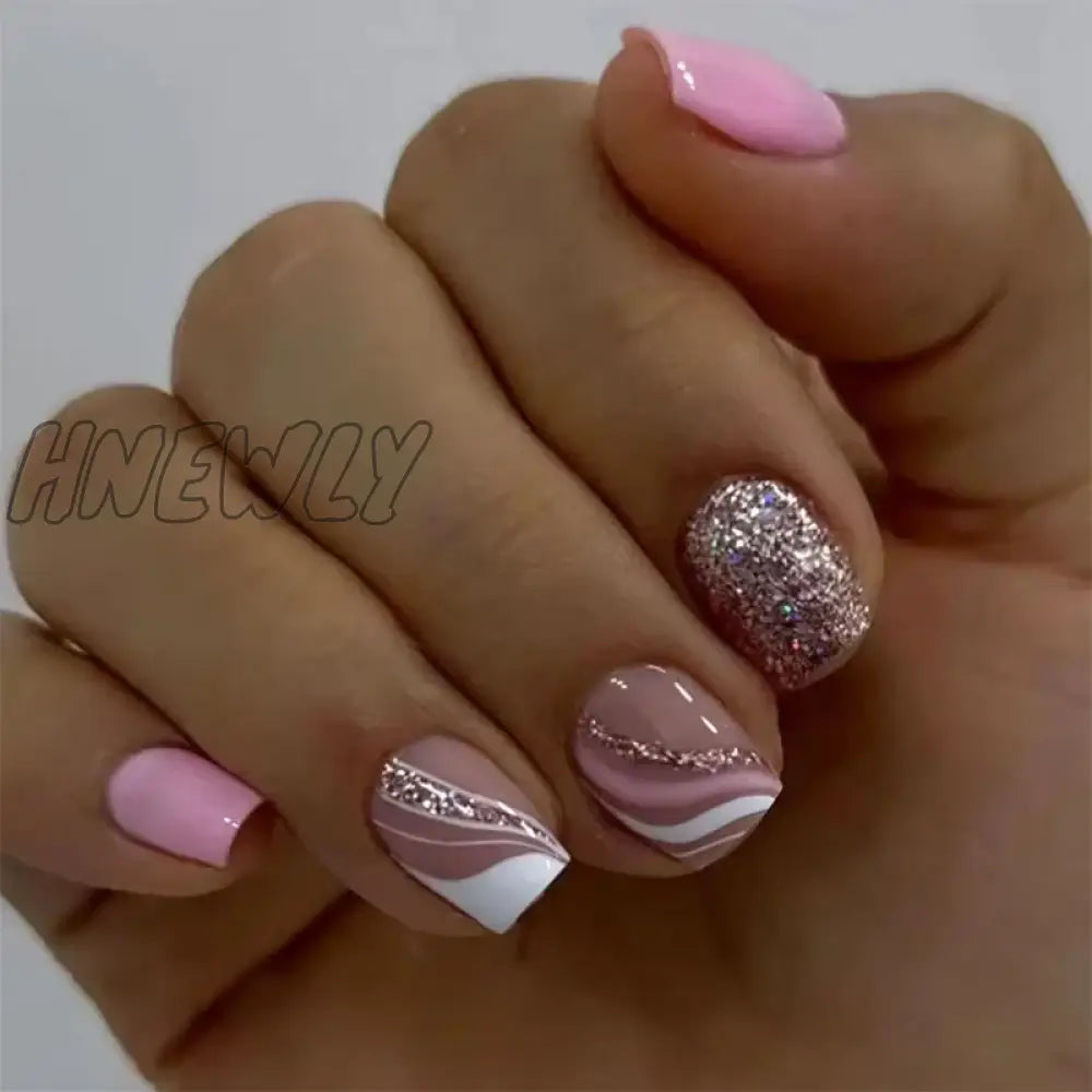 Hnewly 24Pcs Aurora False Nails Silver Simple With French Design Coffin Wearable Fake Glitter Full