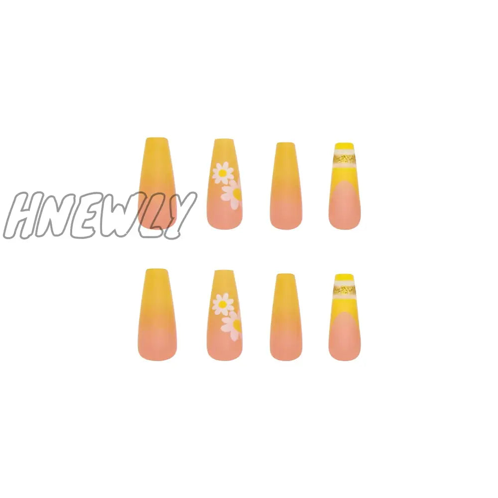 Hnewly 24Pcs/Box Yellow Daisy Long Ballerina Wearable Fake Nails Press On Full Cover Detachable
