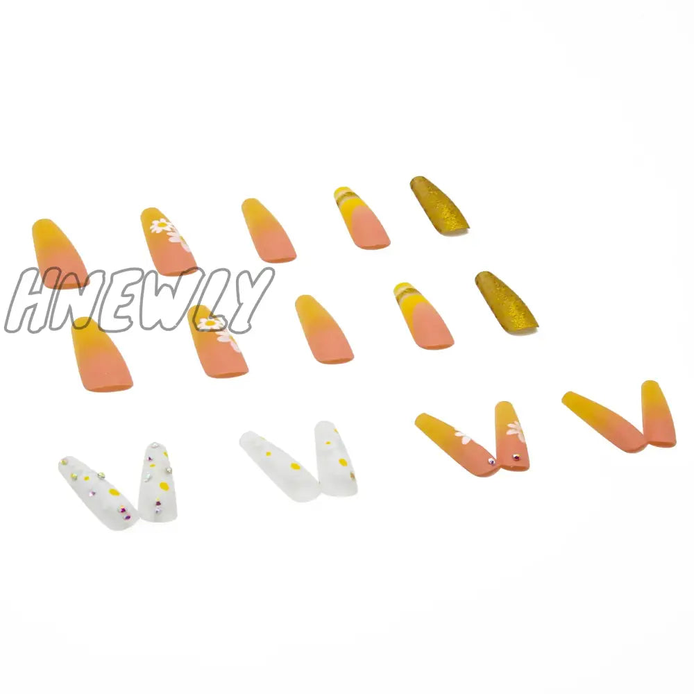 Hnewly 24Pcs/Box Yellow Daisy Long Ballerina Wearable Fake Nails Press On Full Cover Detachable