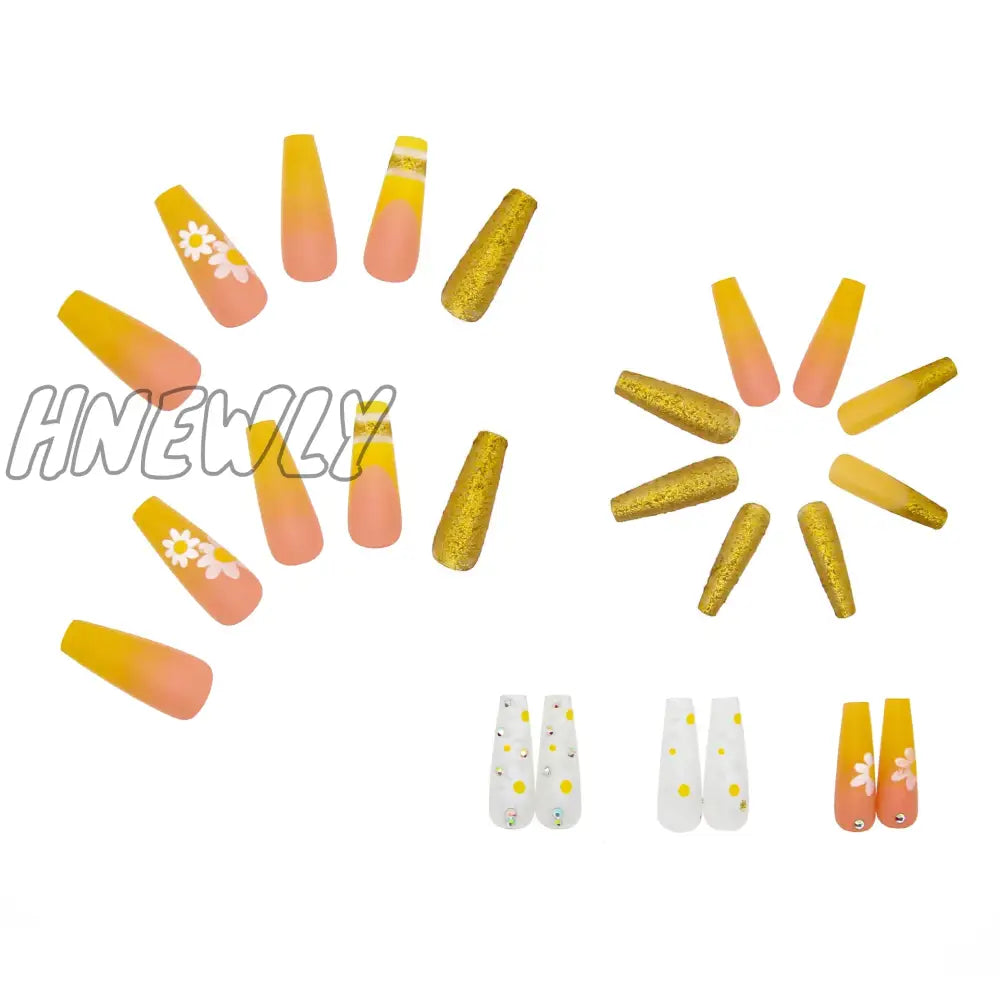 Hnewly 24Pcs/Box Yellow Daisy Long Ballerina Wearable Fake Nails Press On Full Cover Detachable