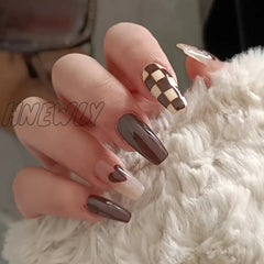 Hnewly 24Pcs Coffee Color Love Heart Checkerboard Grid Artificial Acrylic Fake Nails Long Ballet