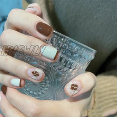 Hnewly 24Pcs Coffee Color Love Heart Checkerboard Grid Artificial Acrylic Fake Nails Long Ballet