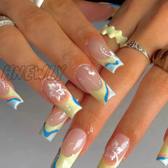Hnewly 24Pcs Colorful Coffin Nails Set Press On Long Ballet False With French Design Wearable White
