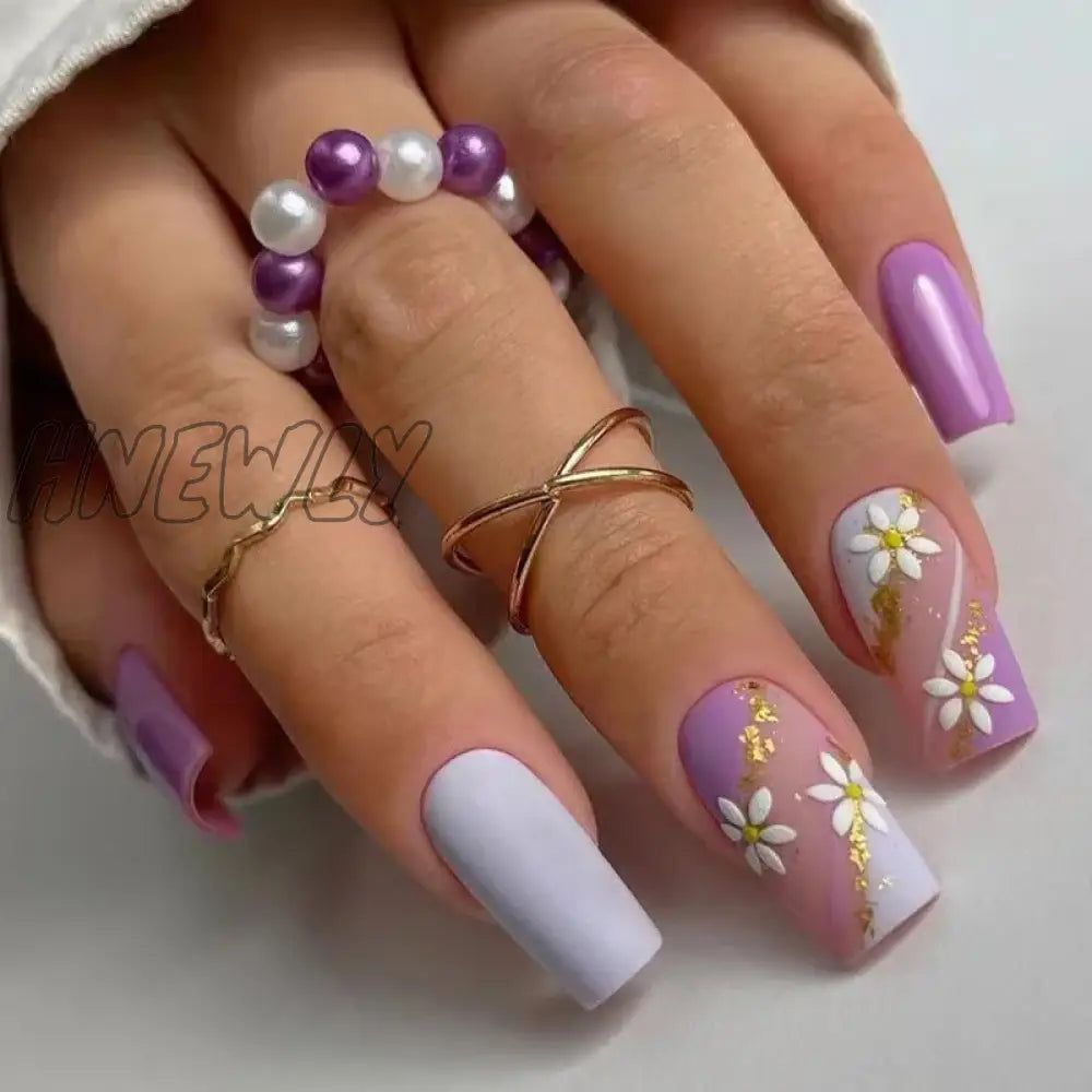 Hnewly 24Pcs Colorful Coffin Nails Set Press On Long Ballet False With French Design Wearable White